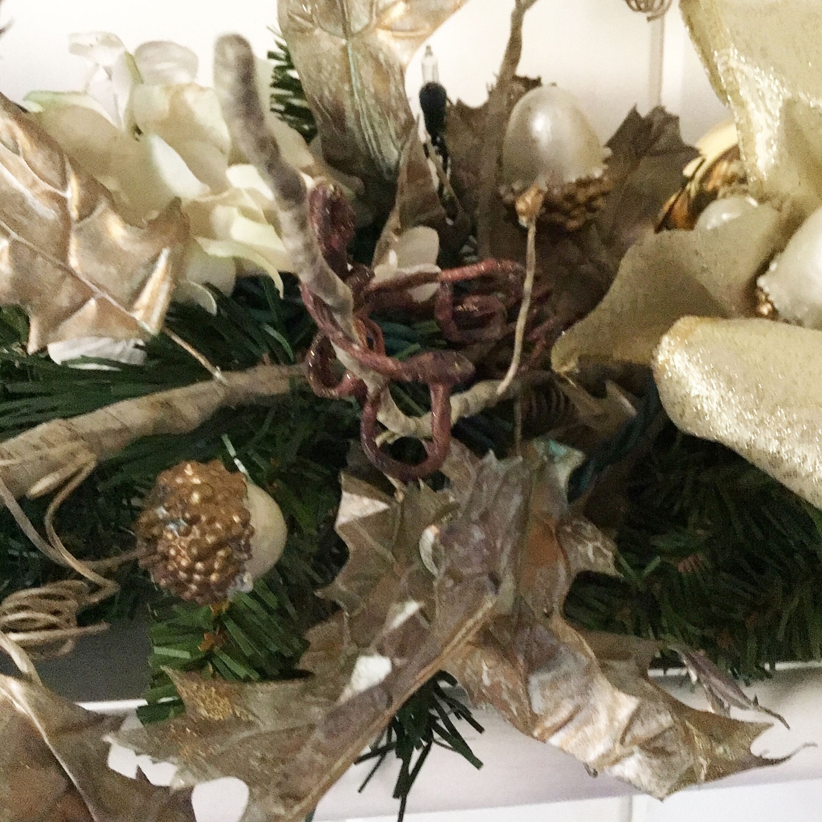Holiday Swag with white silk Magnolias Hydrengeas Silver Glass Bubbles Gold