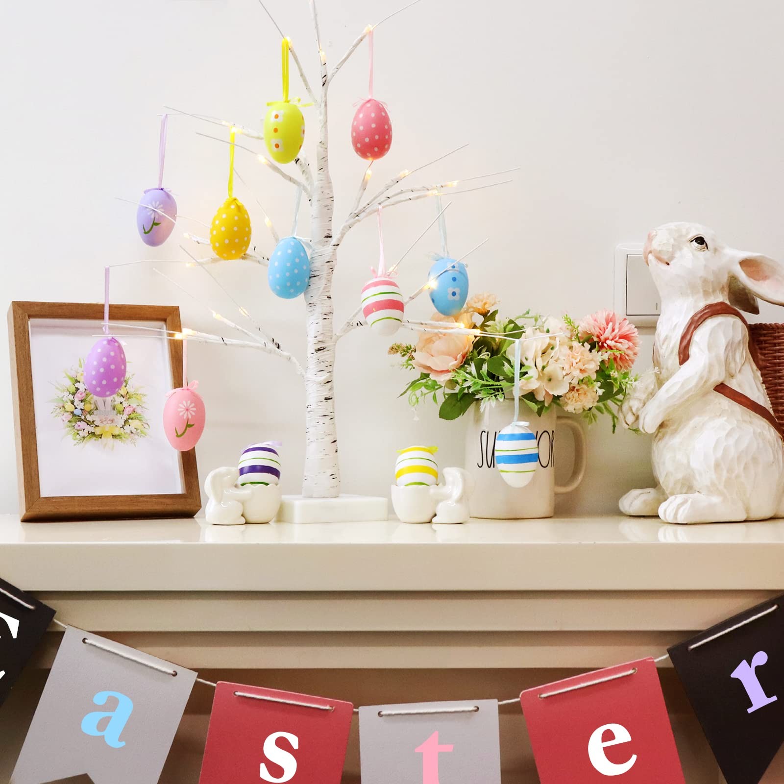 23.2″ Lighted Birch Tree with 12pcs Colored Egg Tree Ornaments, Easter Table Dec