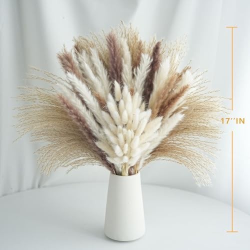 100 Pcs Natural Dried Pampas Grass & White Bunny Tails, 17″ Fluffy 100PCS-White