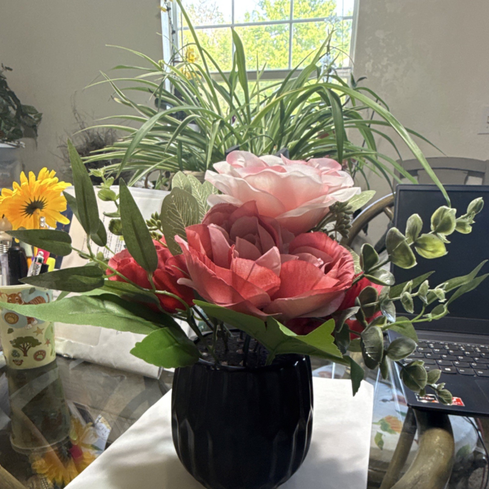 Artificial Rose Flower Arrangement in Black Vase, Pink Red Green