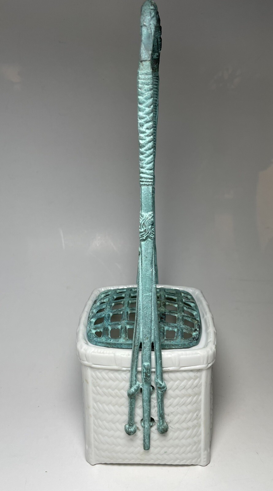 Department 56 Flower Arranger Basket Ceramic with Metal Handle Verdigris 11.5”