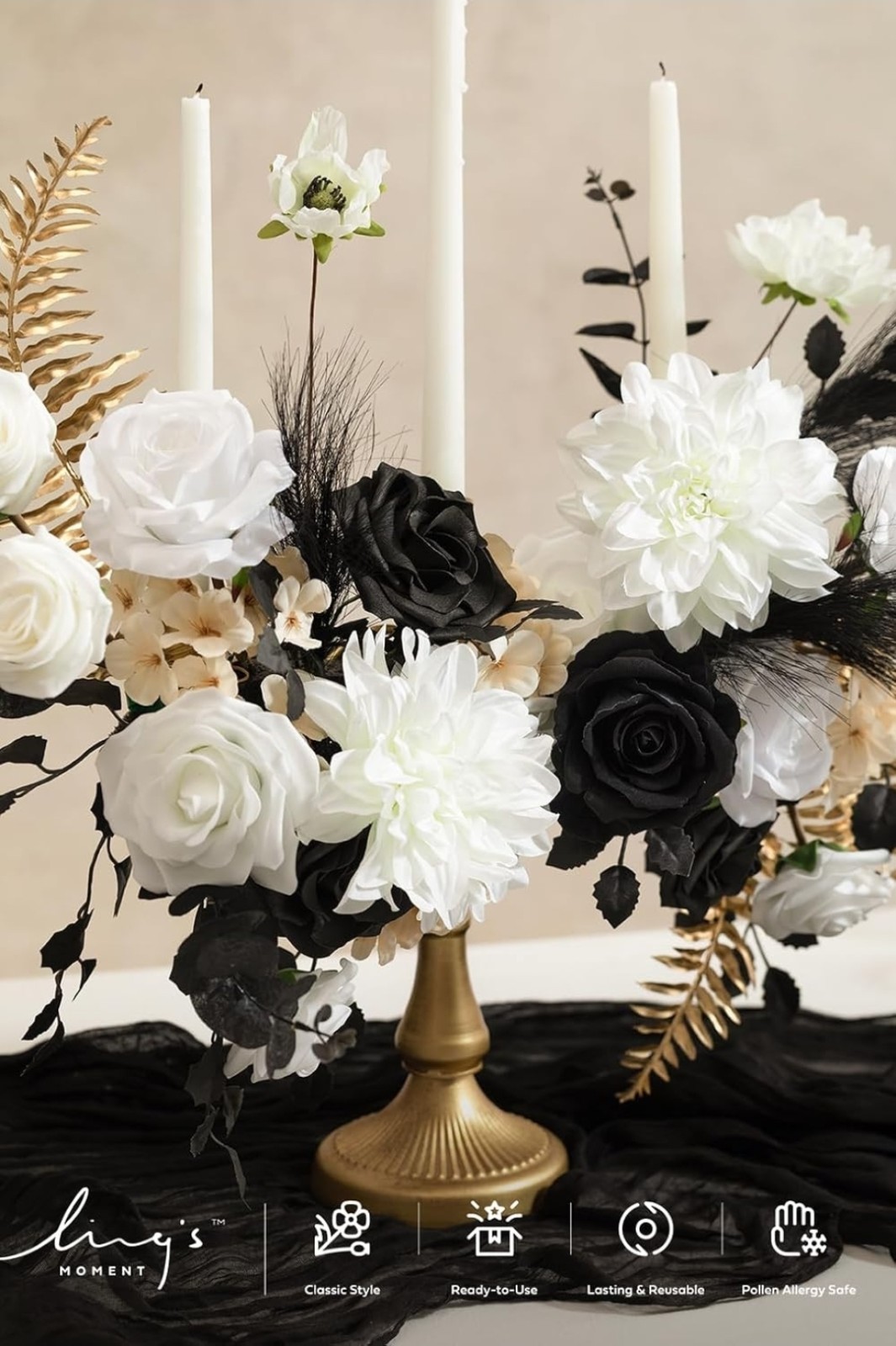Ling’s Moment Fake Flowers Box, Stems Roses Hydrangea Eucalyptus, Black & Gold