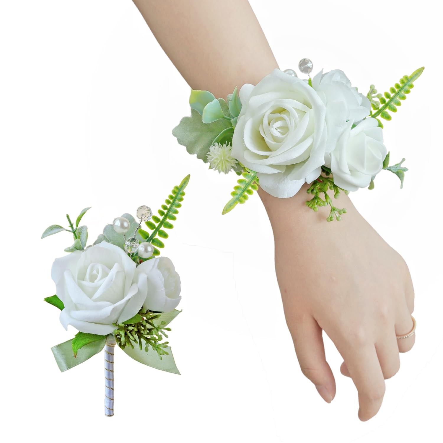 White Green Corsage Boutonniere Set Prom Wedding Homecoming Wristlet Decor