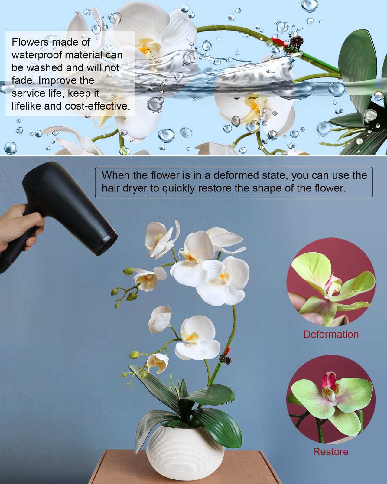 Tall 17″ White Real Touch Orchid Artificial Flowers with Vase Fake Orchids Si…