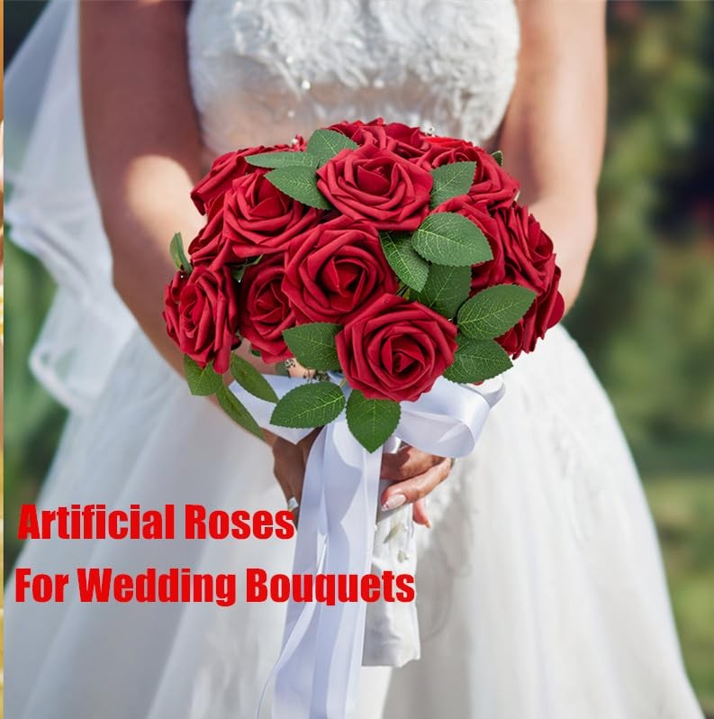 100Pcs Red Fake Roses Artificial Flowers Foam Rose Bulk with Stems