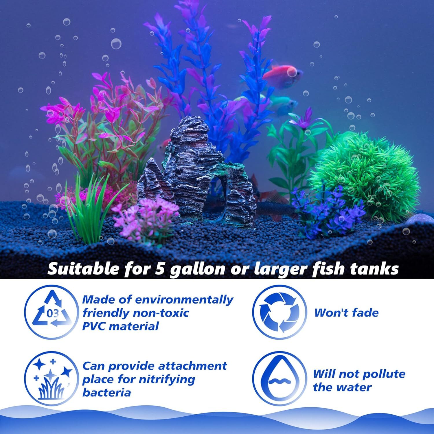 Ameliade Aquarium Artificial Plastic Plants & Rock Cave Decor Set – Fish Tank