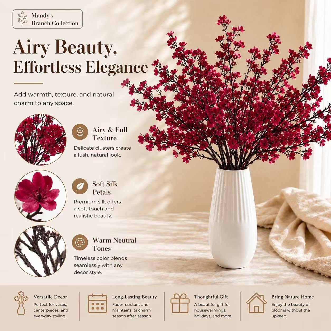6 Bundles Burgundy Artificial Babys Breath Silk Flowers 18.5 Inch Decor