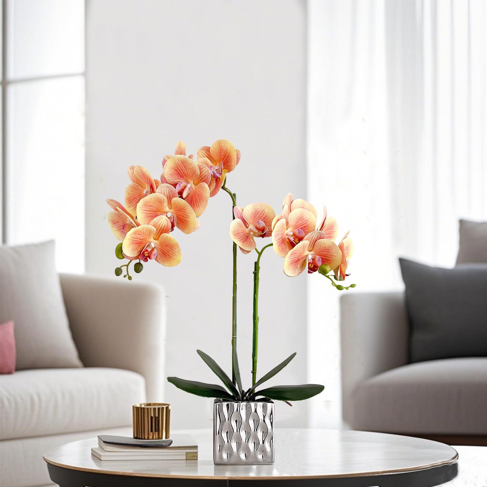 20 Inch Orange Artificial Faux Orchid Silk Flower Arrangement Silver Vase