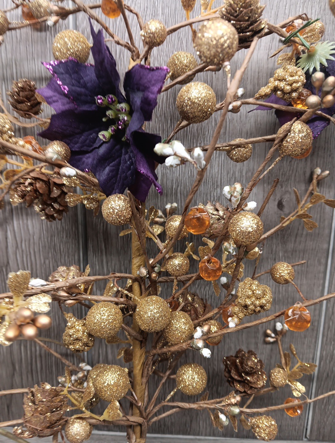 Gold Glitter, Pine Cones, Berries, Beads, Wired 15″ Spray – Holiday-Craft 2Pc