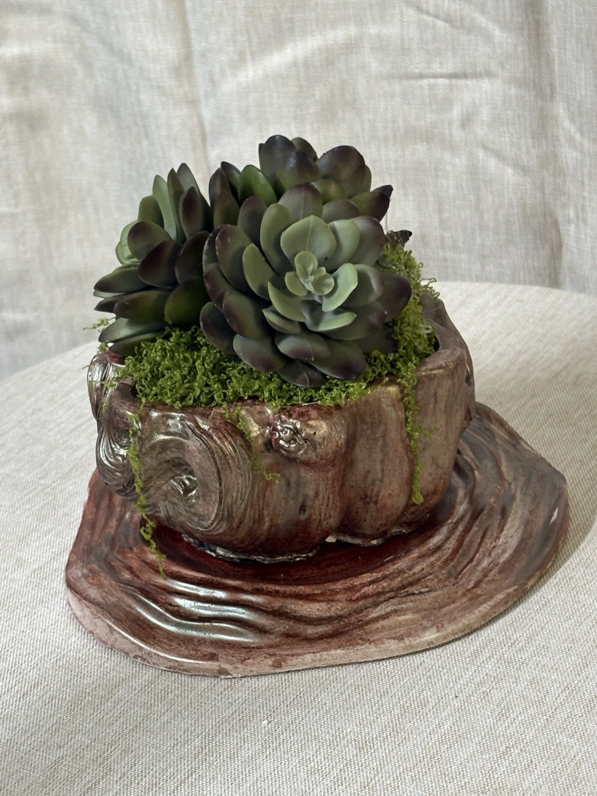 Artificial Succulents In Handmade Concrete Wood Look Pot With Saucer.
