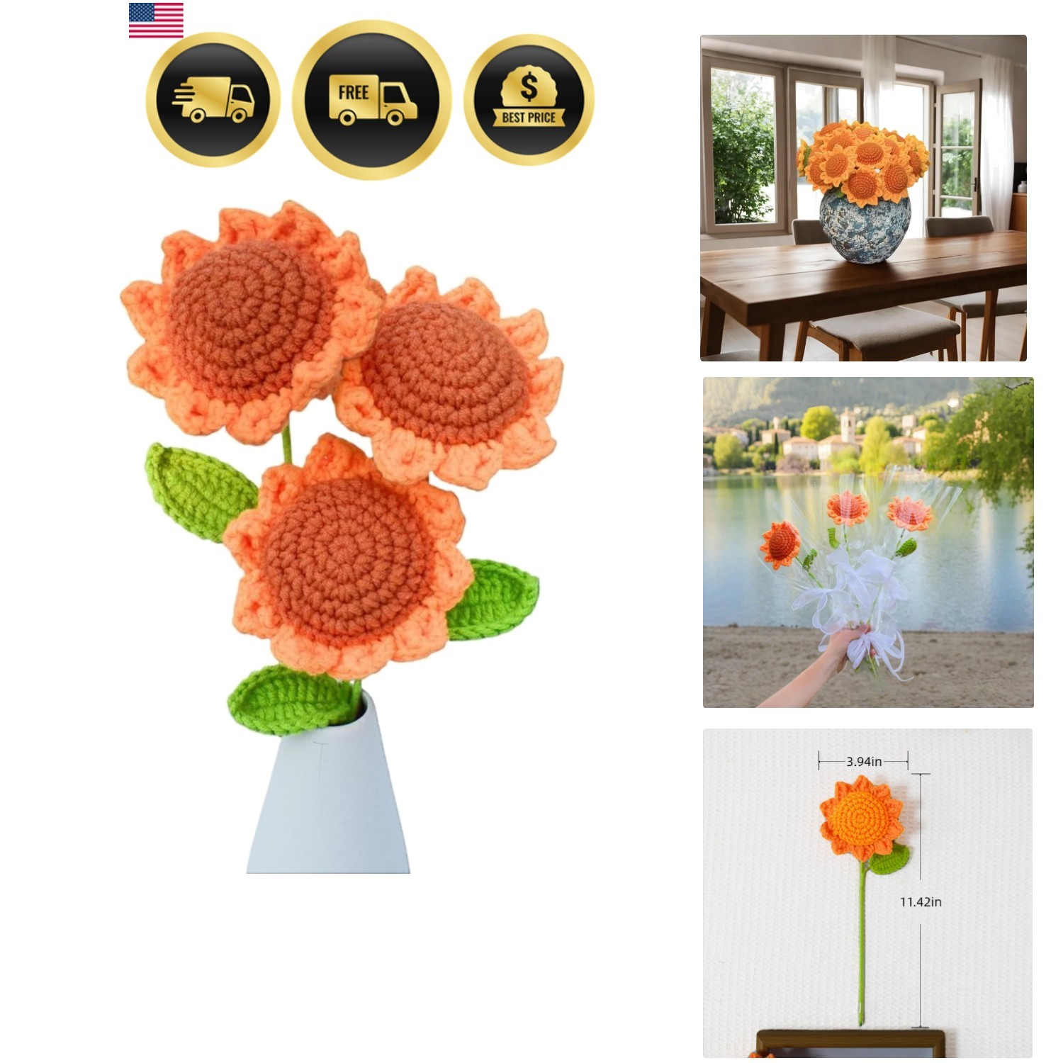 3pcs Crochet Sunflower,DIY Knitted Sunflower Bouquet,Handmade Yarn Plush Flow…