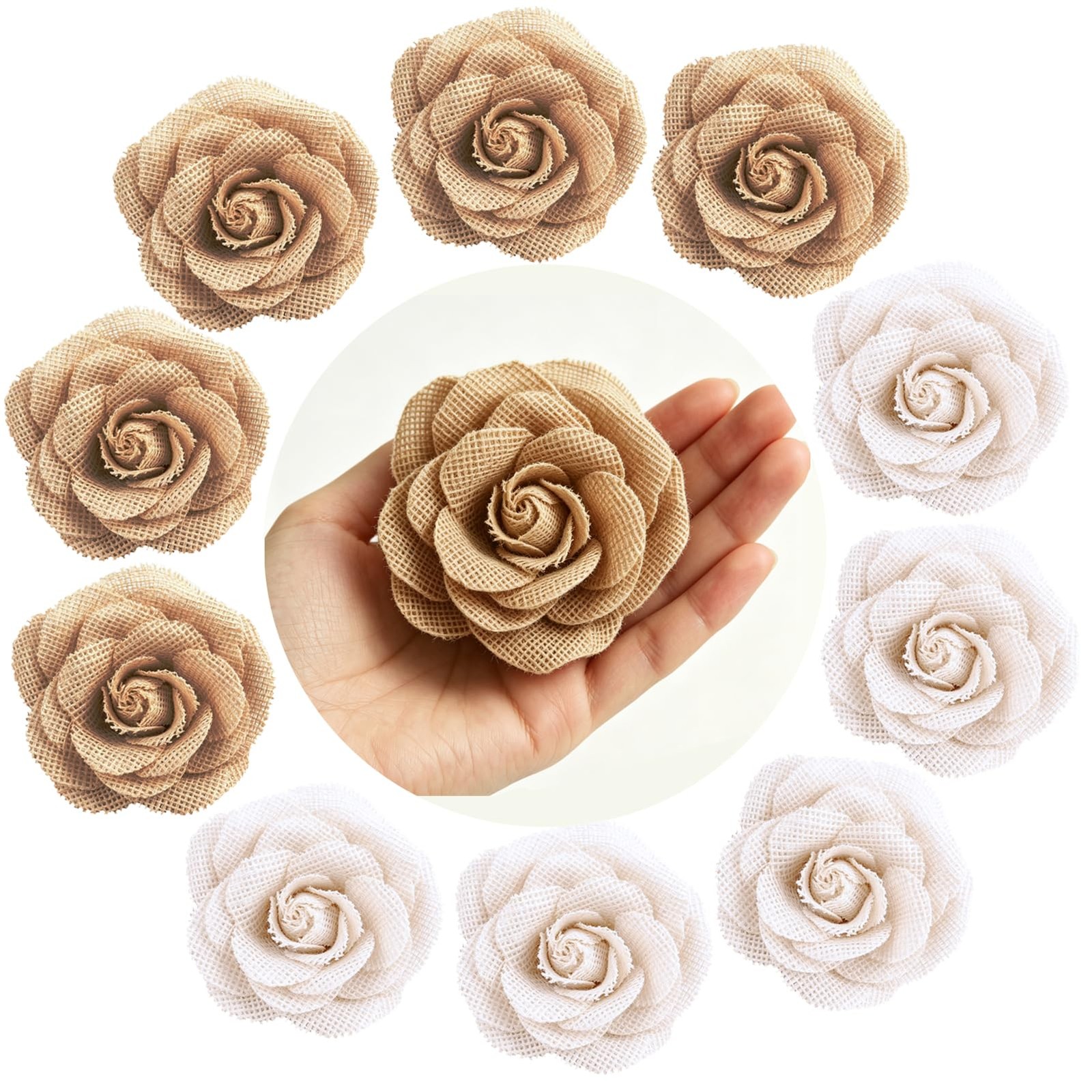 10 PCS Natural Burlap Rose Flowers, 3.94 Inches Large Handmade Rustic Jute Ro…