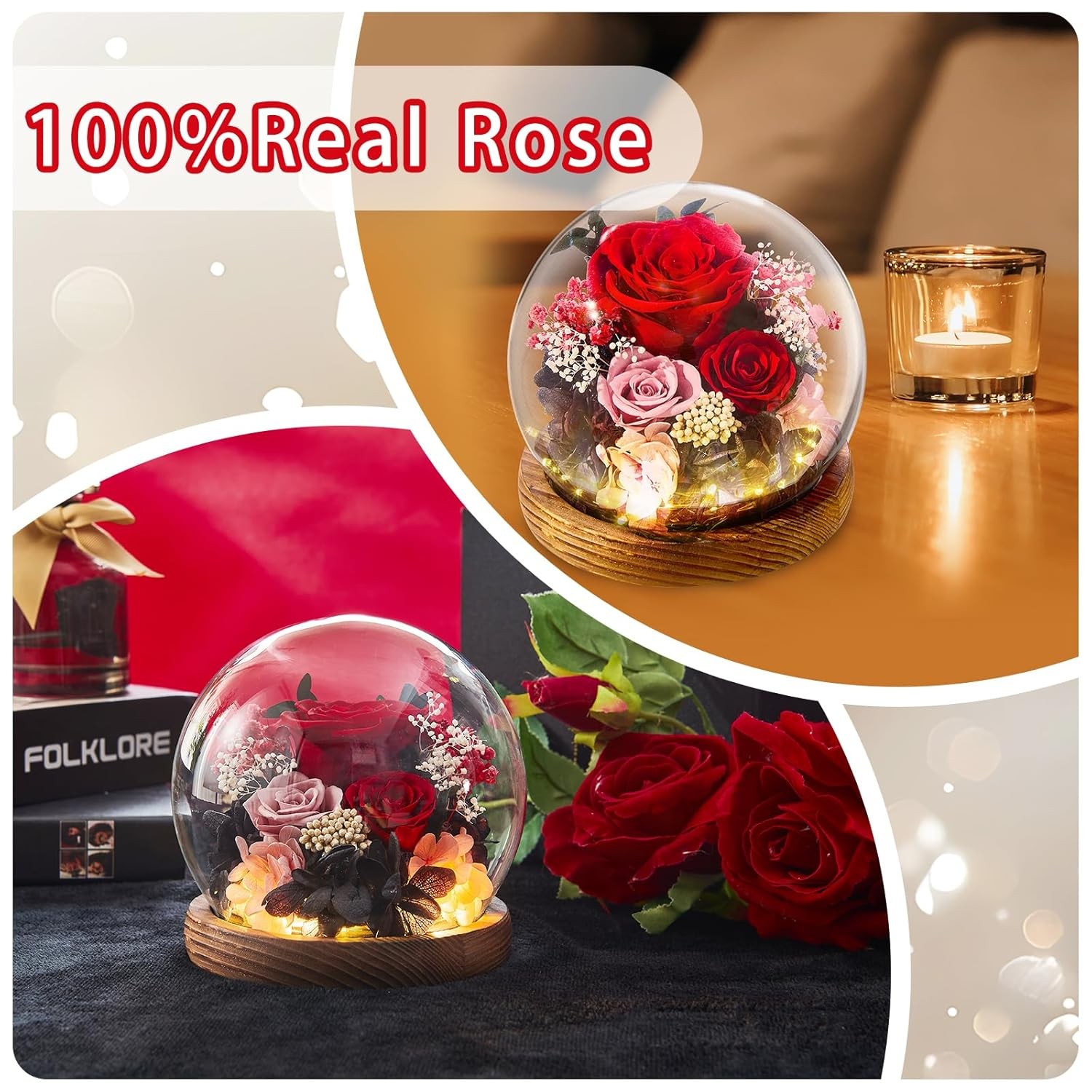 Forever Flowers Preserved Rose in Glass Dome Birthday Mothers Day Gift for Mom