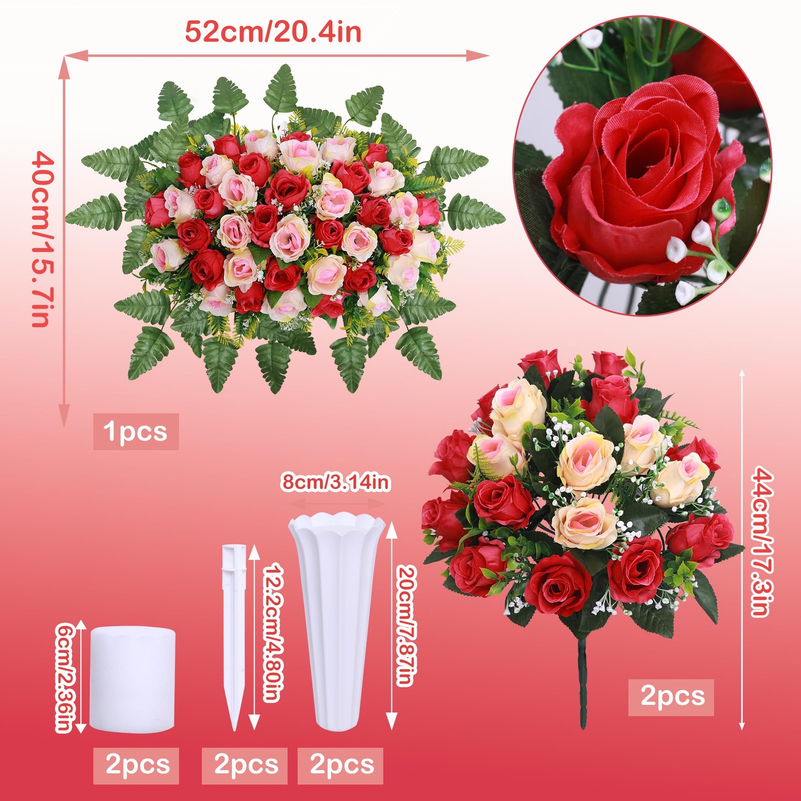 Artificial Cemetery Flower Saddles 3 Pcs Rose Red White Outdoor Memorial Flowers