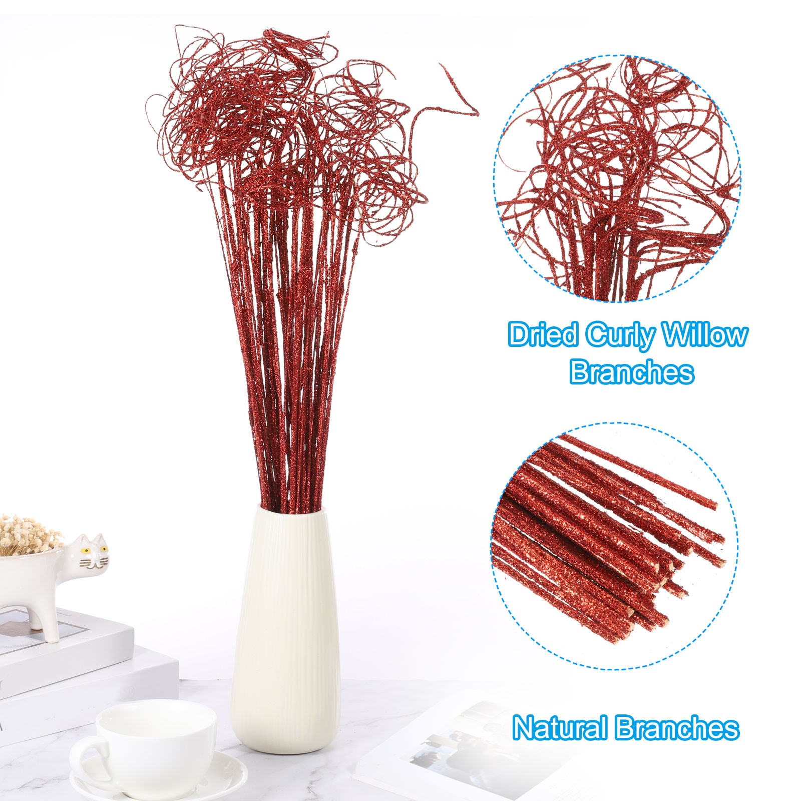 30 Pcs Glitter Dried Curly Willow Branches Natural Branches Twigs, Red