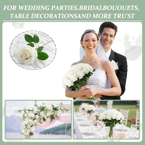 pcs Roses Artificial Flower in Bulk, Realistic Velvet Silk Faux Roses 72 White