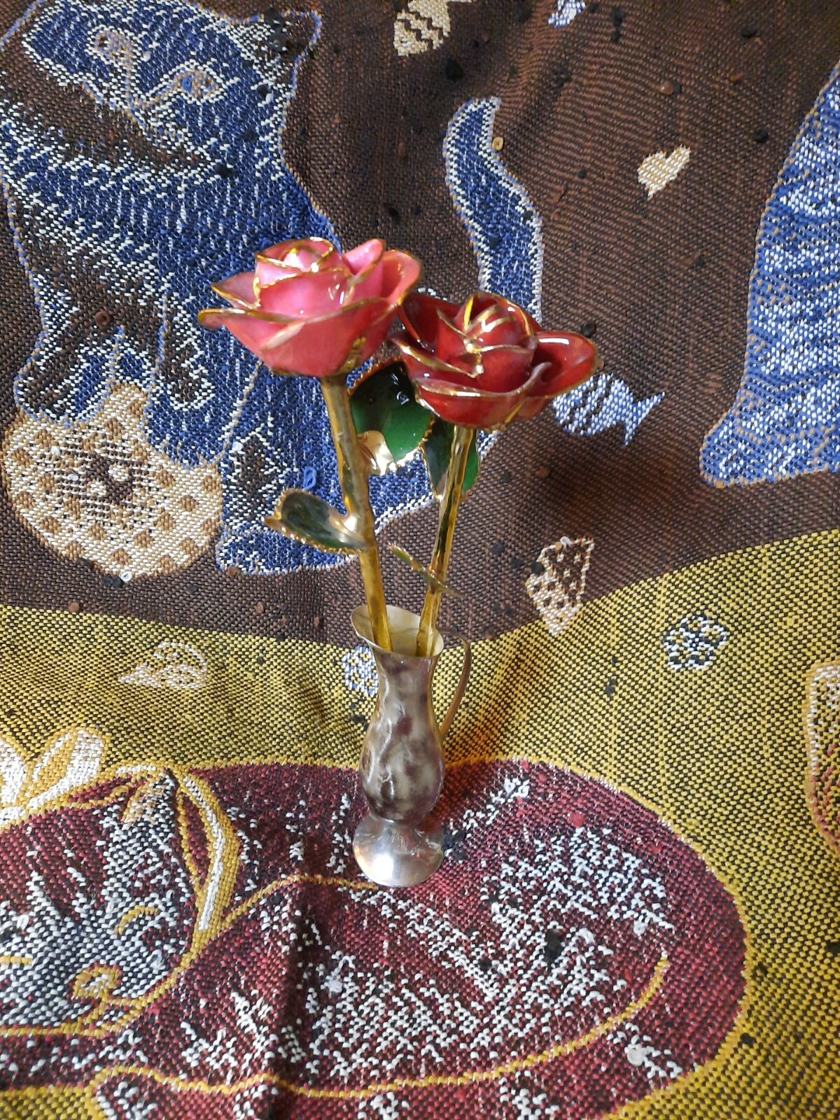 Lot Set 2 Gilded Metallic Roses Dipped In Ikora Mid-Century Vase Retro Decor