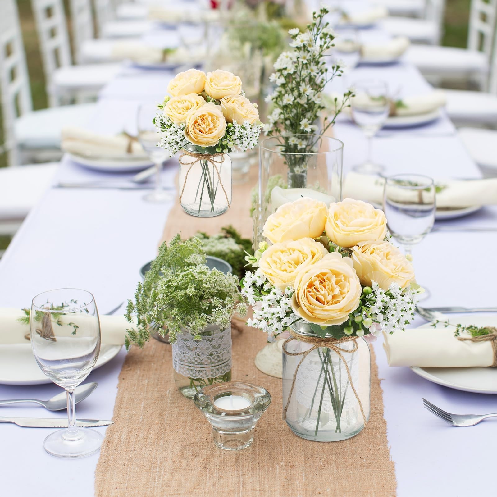 12 Sets Rustic Mason Jar Centerpieces, Faux Peony & Baby’s Breath Bouquets, Wedd