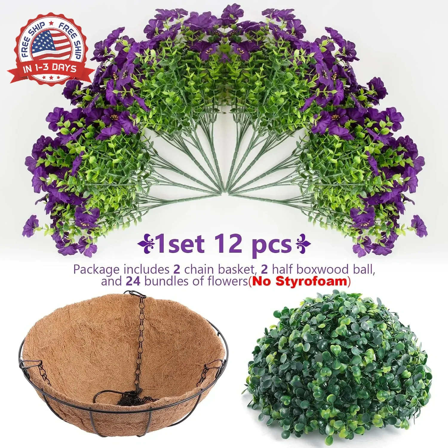 Hananona 2 Set Artificial Outdoor Flowers with Hanging Basket, 2 Hanging Planter