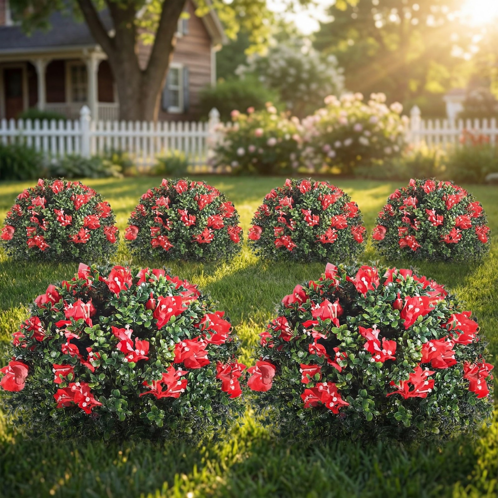 6 Pack 18″ Artificial Boxwood Topiary Balls with Bougainvillea Flowers with S…