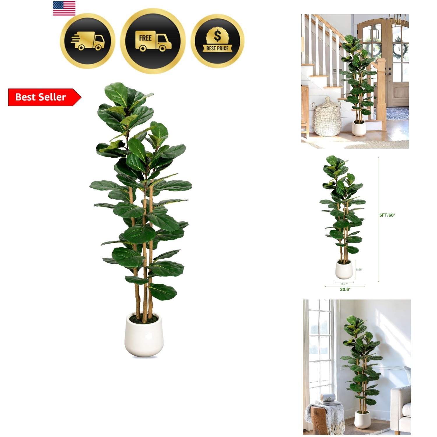 Artificial Fiddle Leaf Fig Tree Indoor Faux Plant with White Planter 5ft