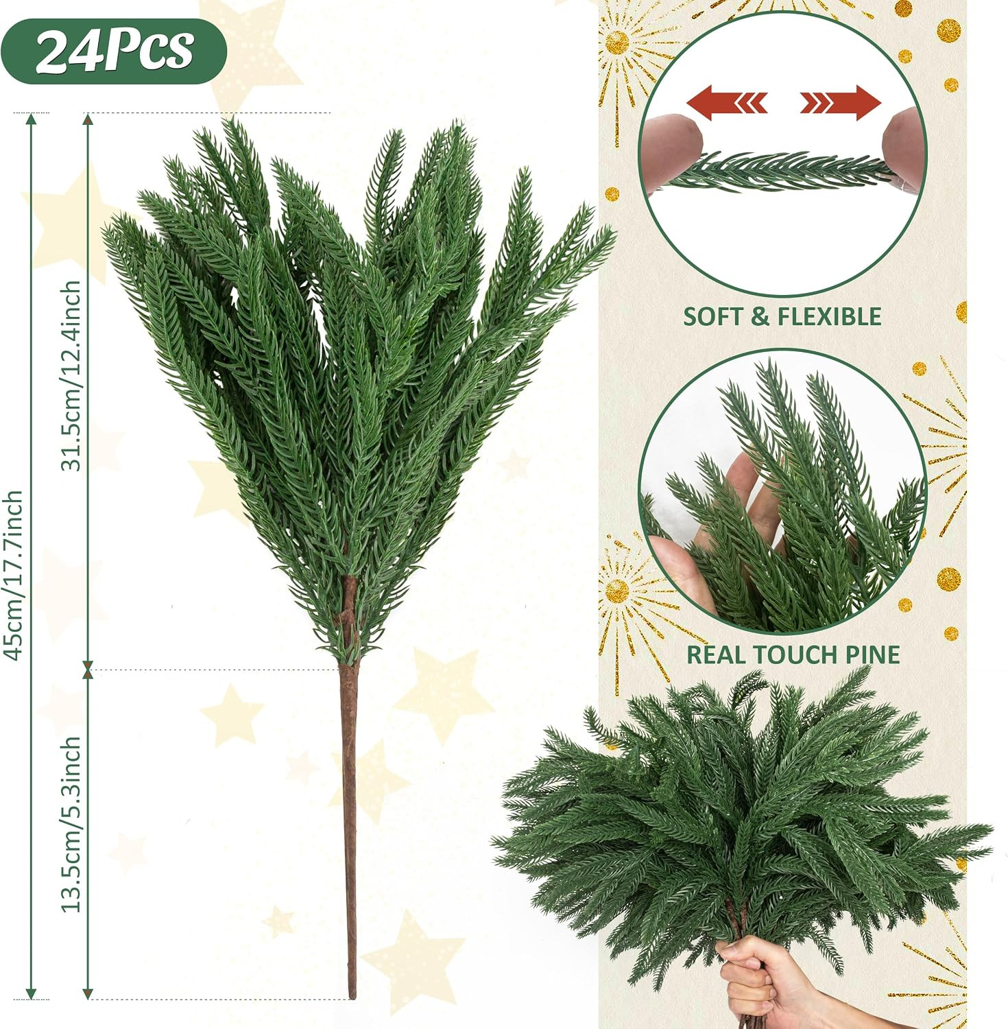 24 Pcs Artificial Norfolk Pine Branches, Faux Norfolk Pine Stems DIY Crafts Faux