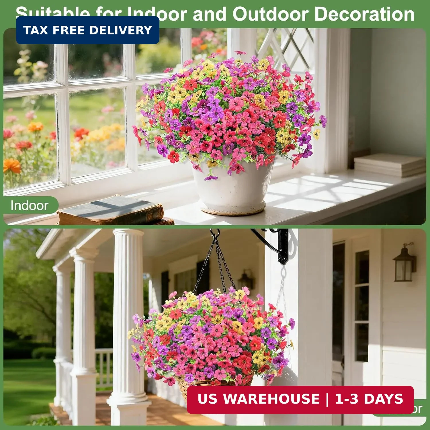 Artificial Fake Flowers Plants for Outdoors, 12 Bundles Multicolor Faux Silk Flo