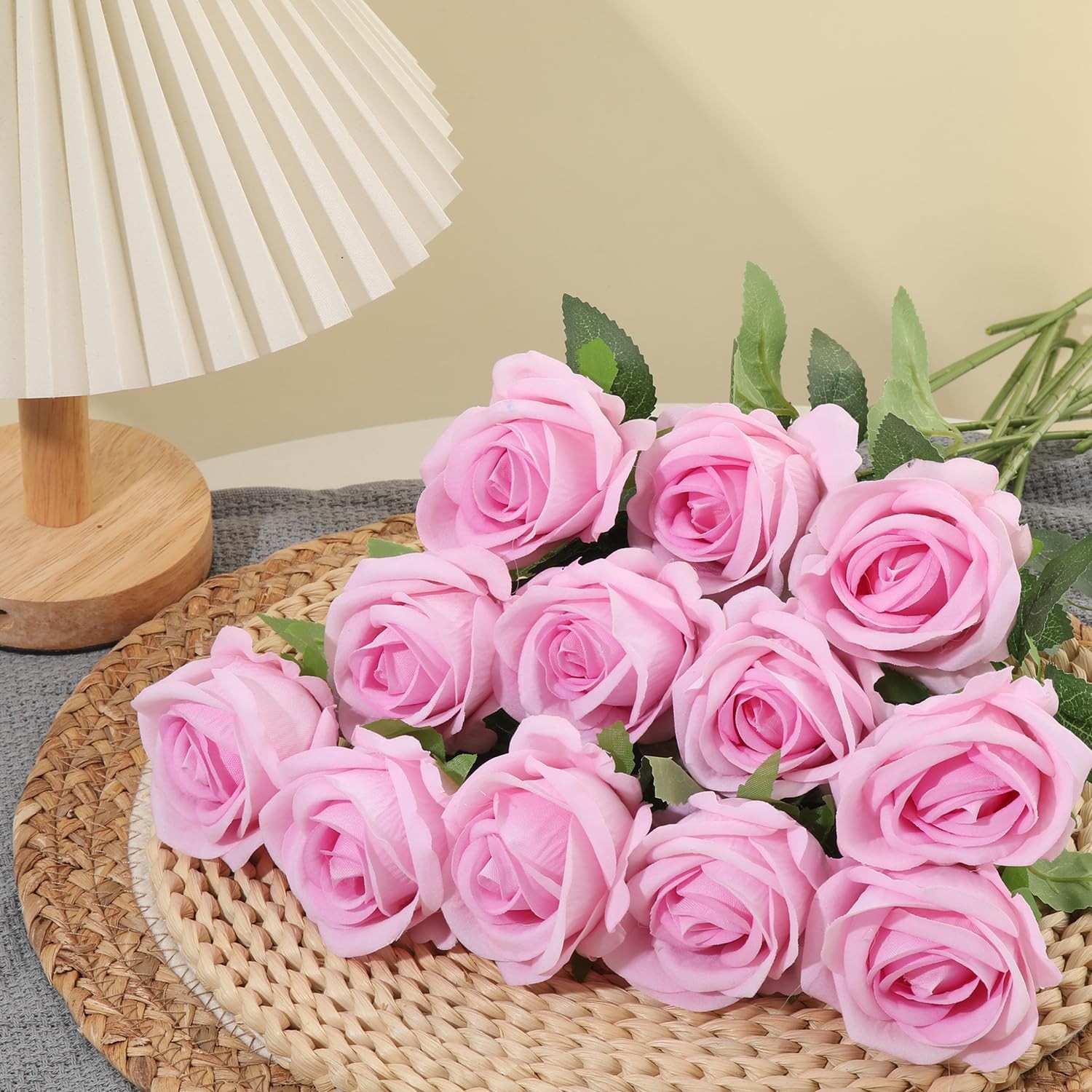 Pearl Gradient Pink Faux Velvet Silk Artificial Fake Roses Flowers 12 PCS