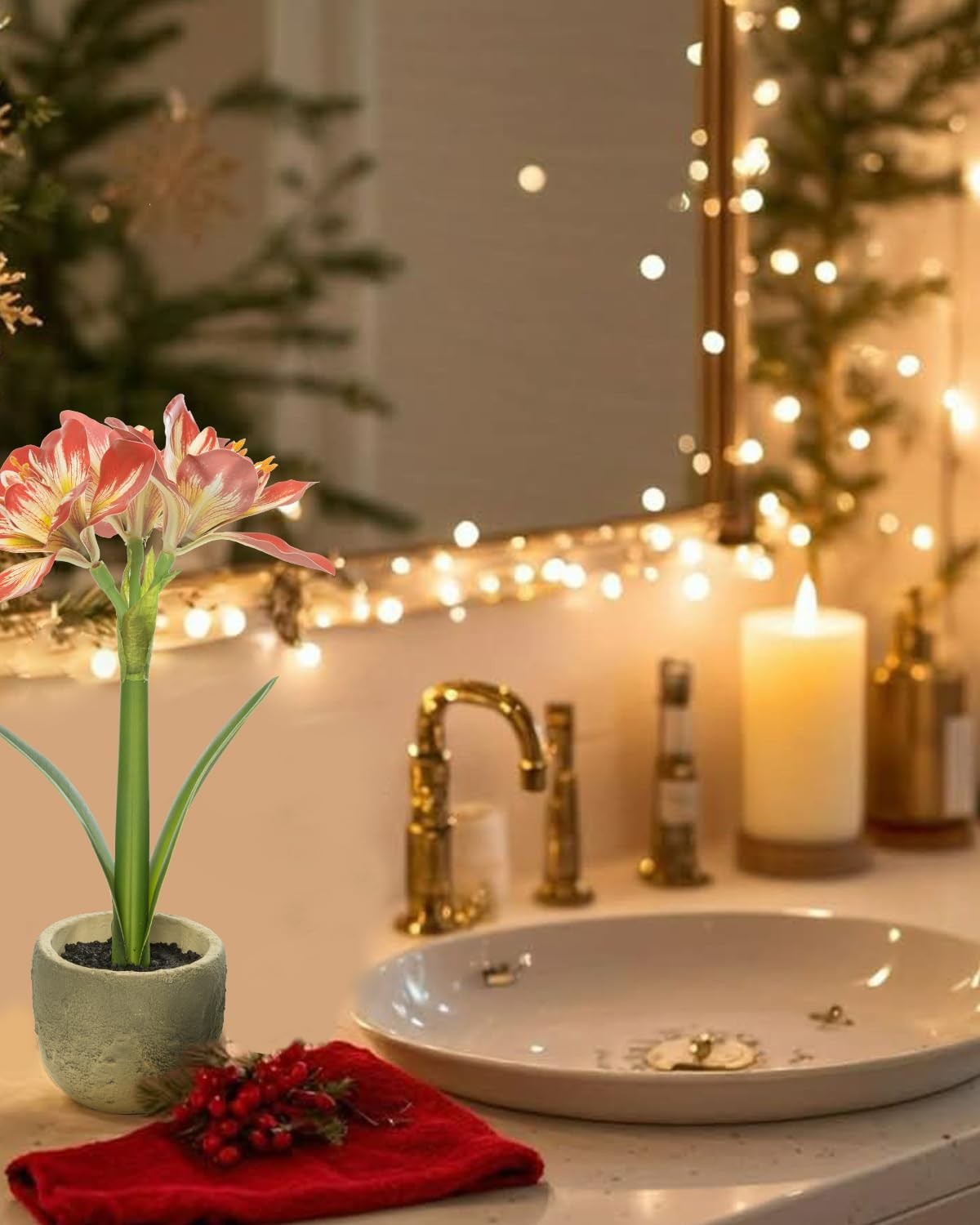 Small Fake Plants 14.9 Inch Amaryllis Bulbs Potted Artificial Flower Home Decor