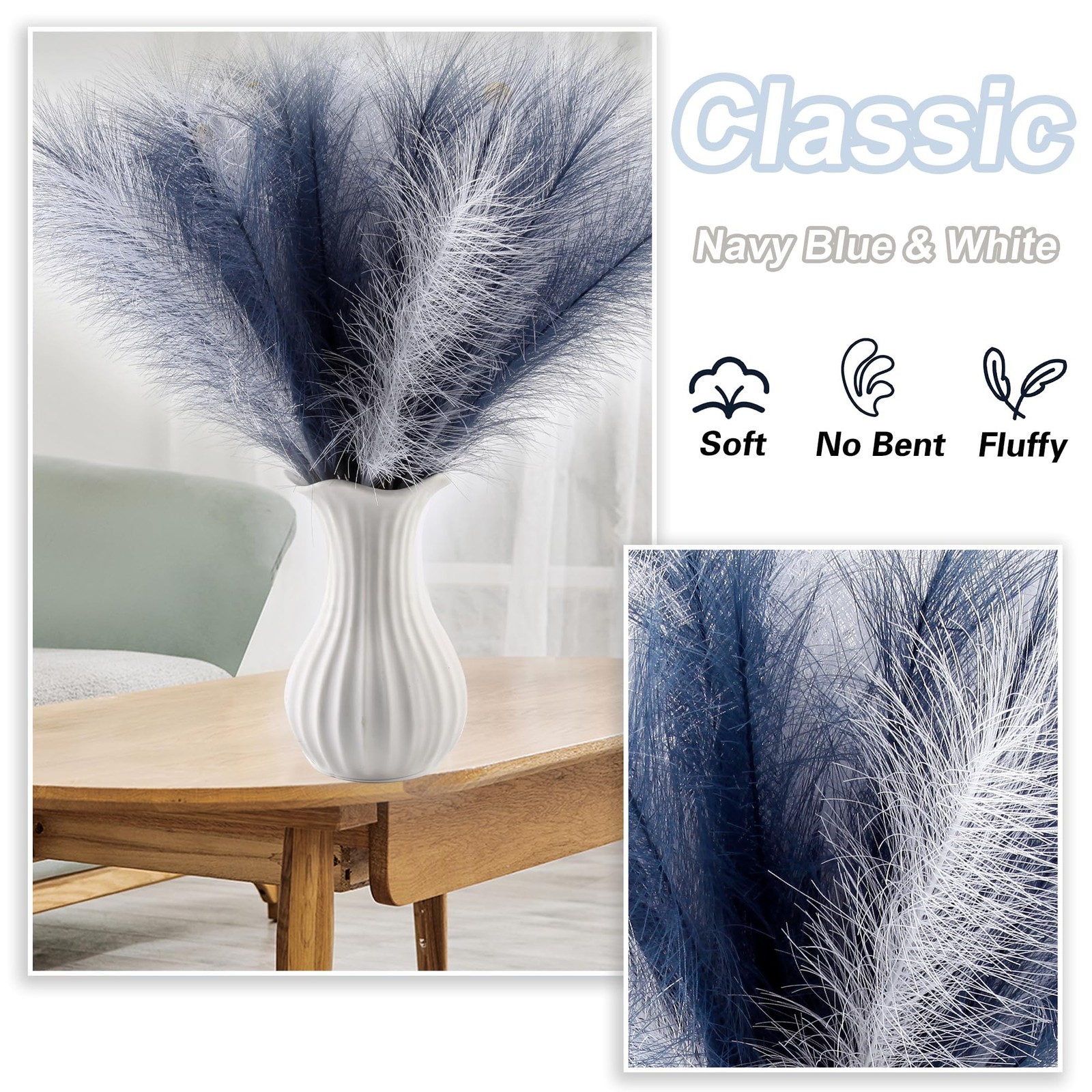 60 Pieces 21.7 Inch Faux Pampas Grass Navy Blue White Artificial Vase Filler
