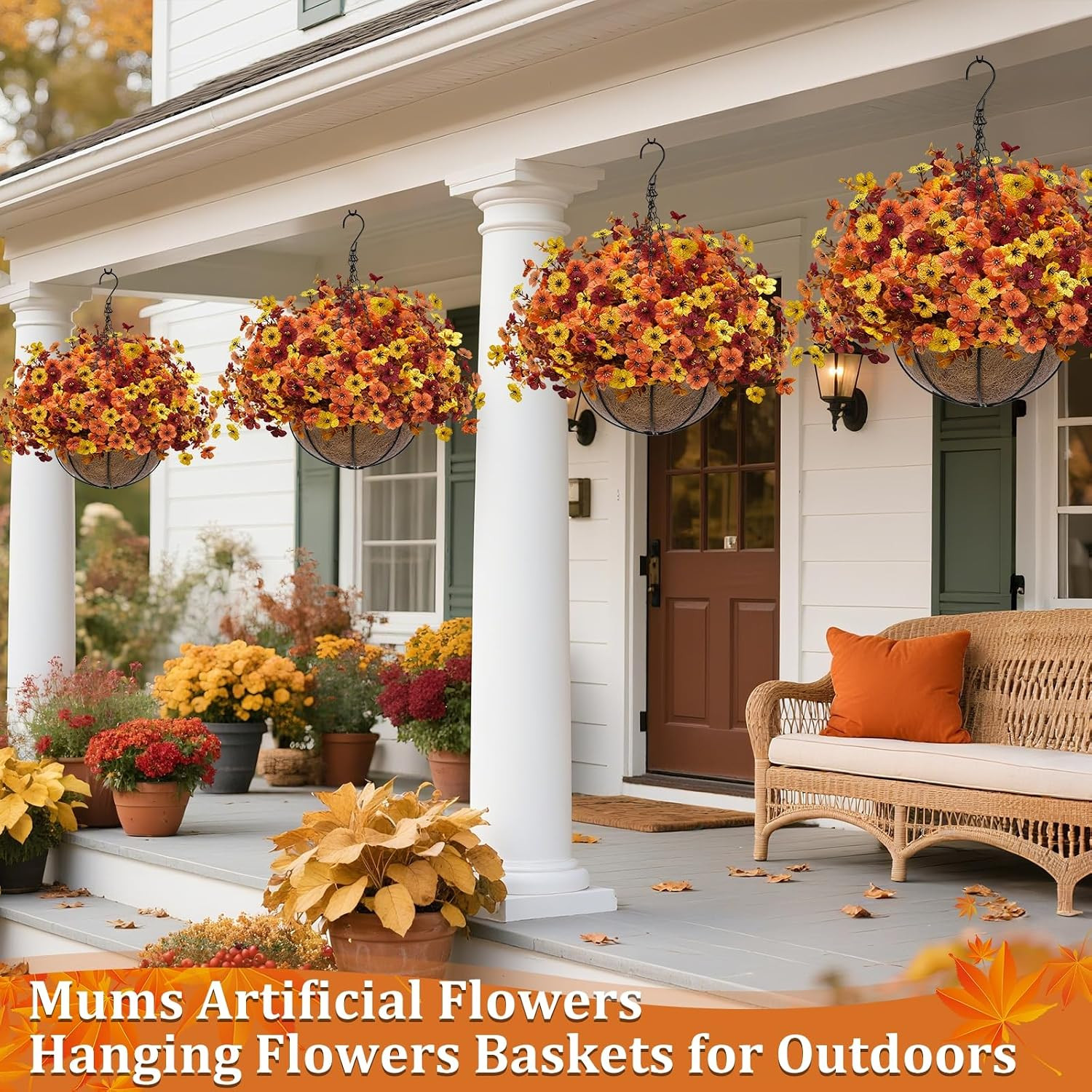2 Sets UV Resistant Faux Silk Fall Mums for Autumn Outdoor Decor