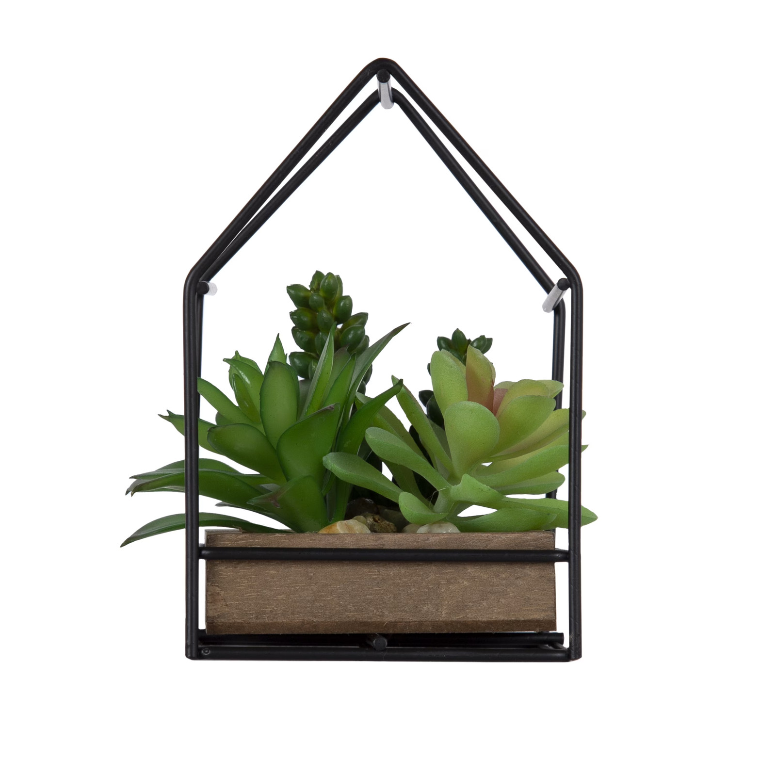 5.5″ Artificial Mixed Succulents in Black Metal House Terrarium
