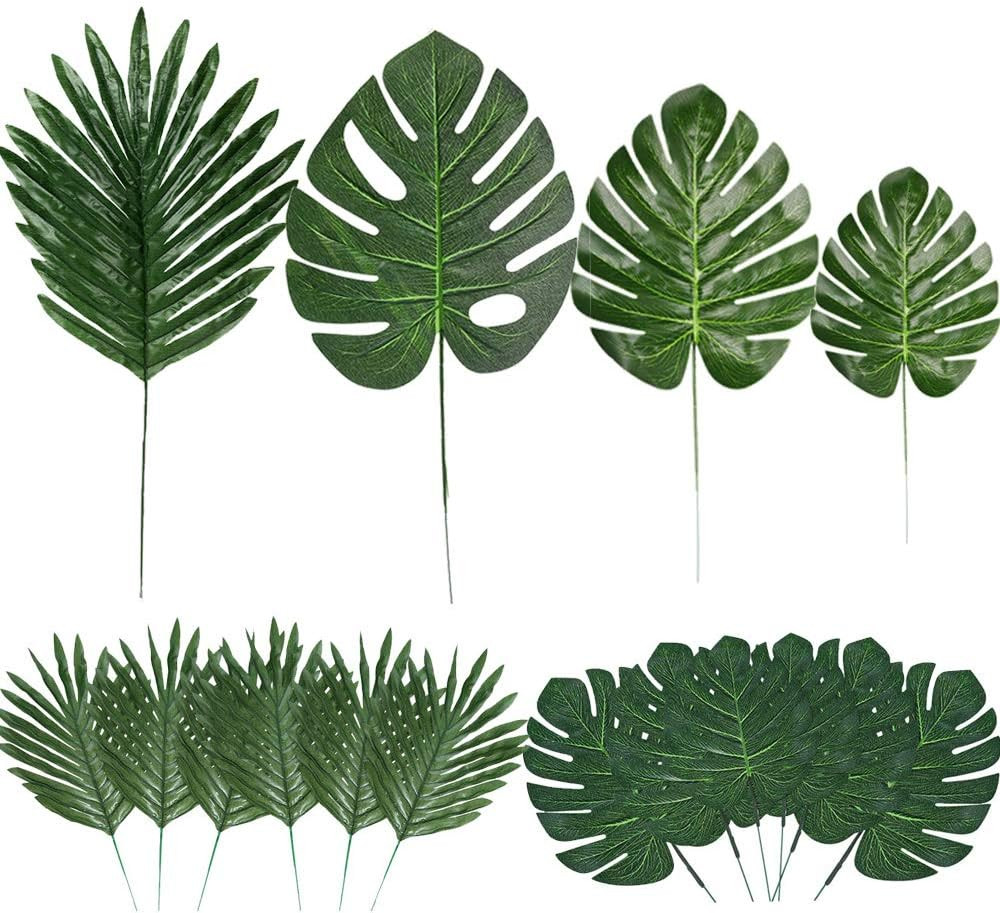 60 Pieces 4 Kinds Artificial Palm Leaves with Faux Stems Tropical Plant Leaves M