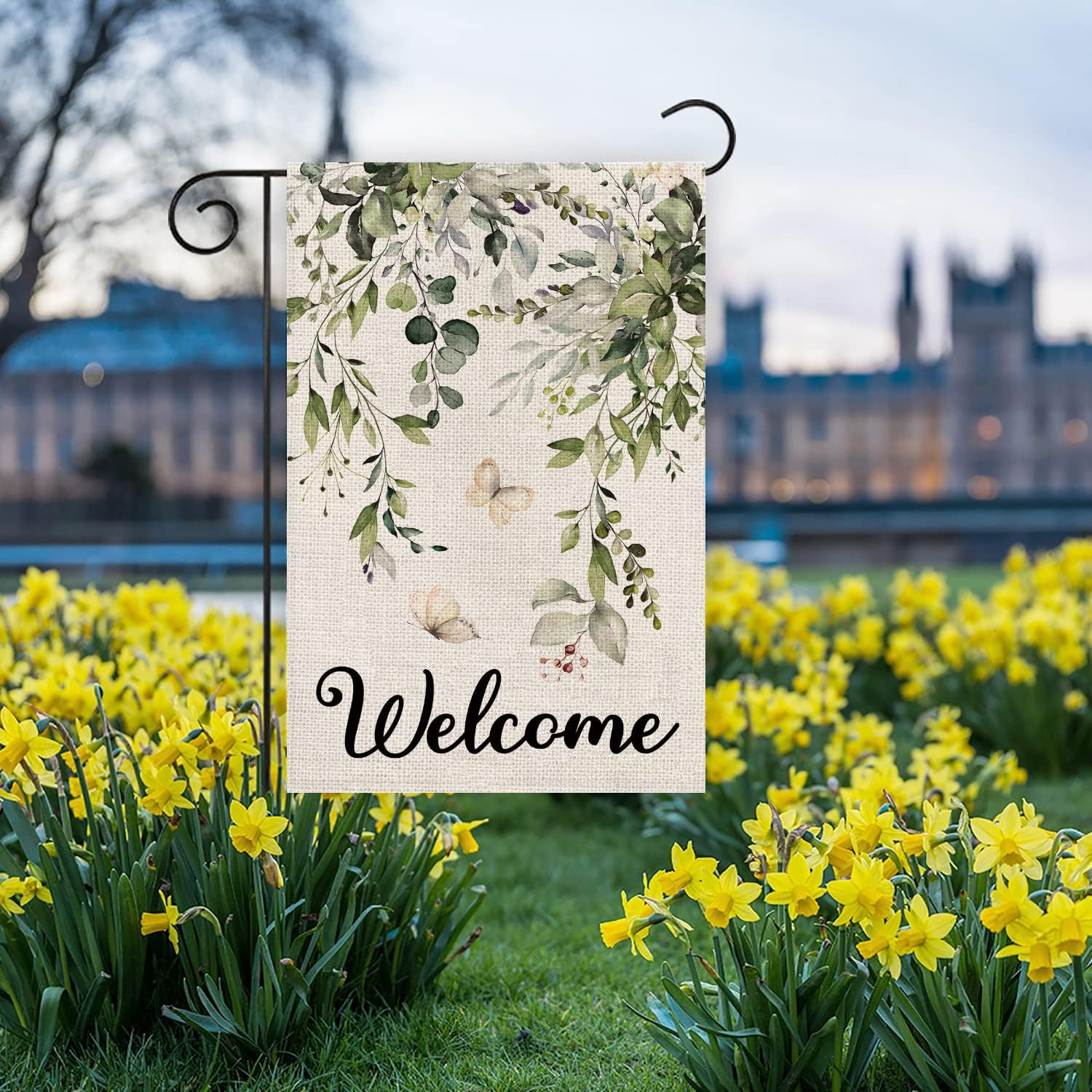 Welcome Green Plants Floral Butterfly Decoration Double Sided Burlap Garden Flag