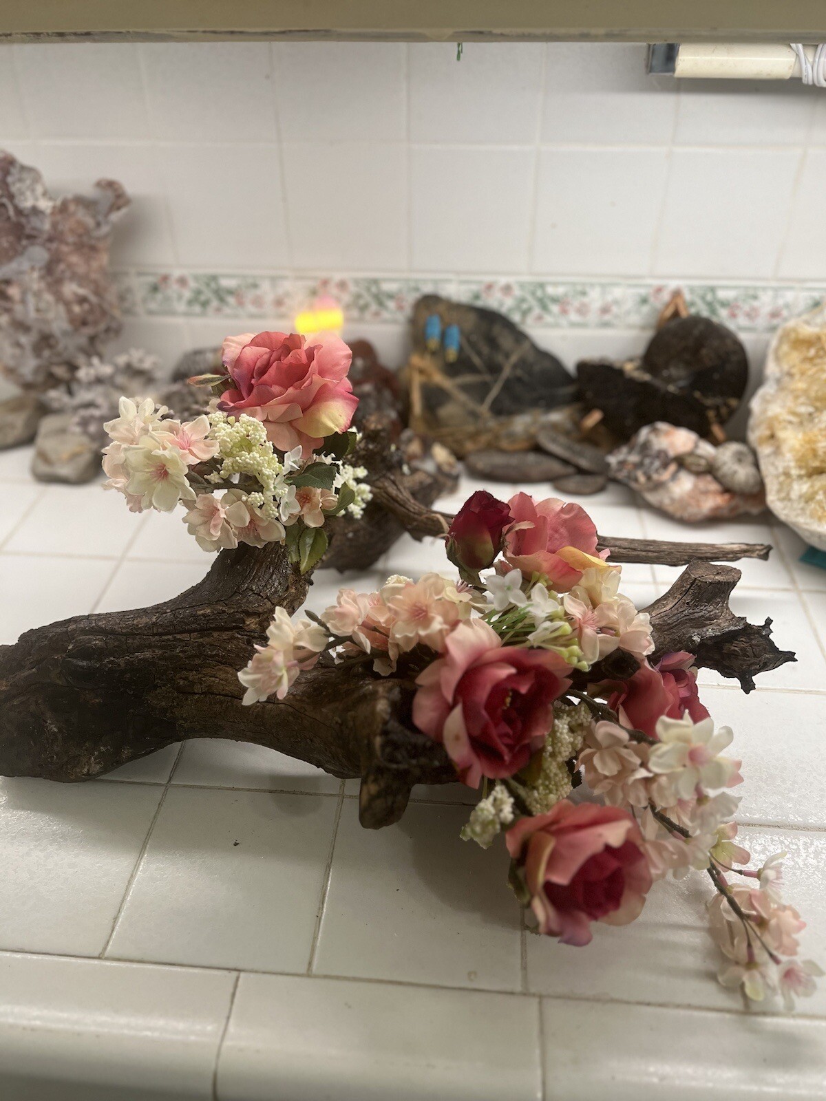 ORIGINAL FLORAL DESIGN WOOD BASE, ROSES, PEACH BLOSSOMS MOSSES BABY BREATH