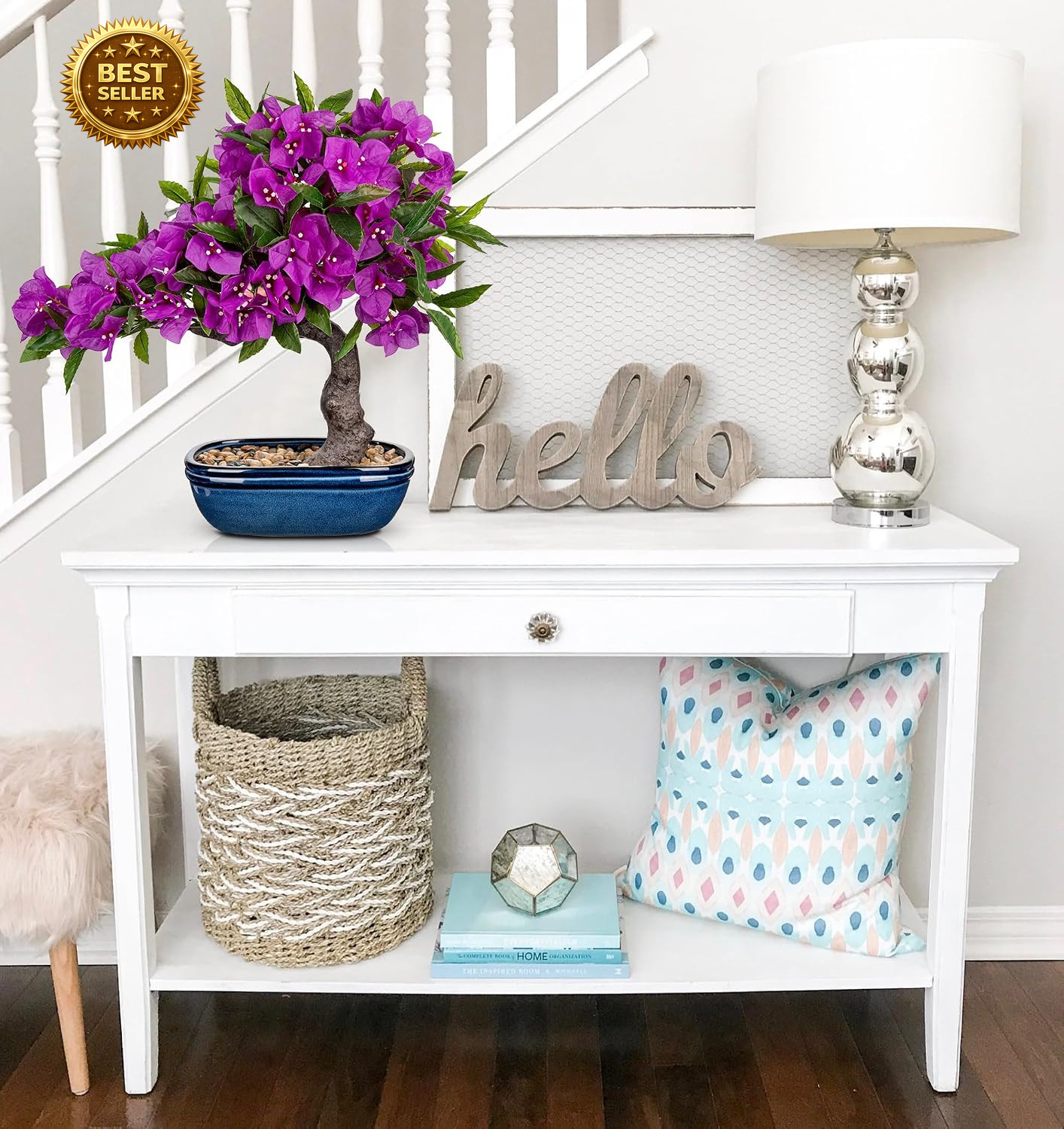 18.5in Artificial Bougainvillea Bonsi Tree Silk Plant Blue Pot Purple Home Decor