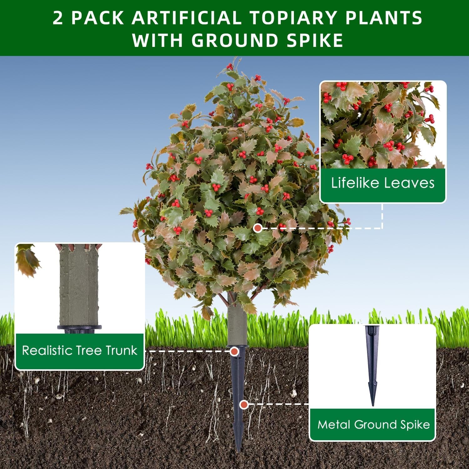 2 Pack 23.6” Artificial Topiary Trees Bushes UV Resistant w/ Metal Ground Spike