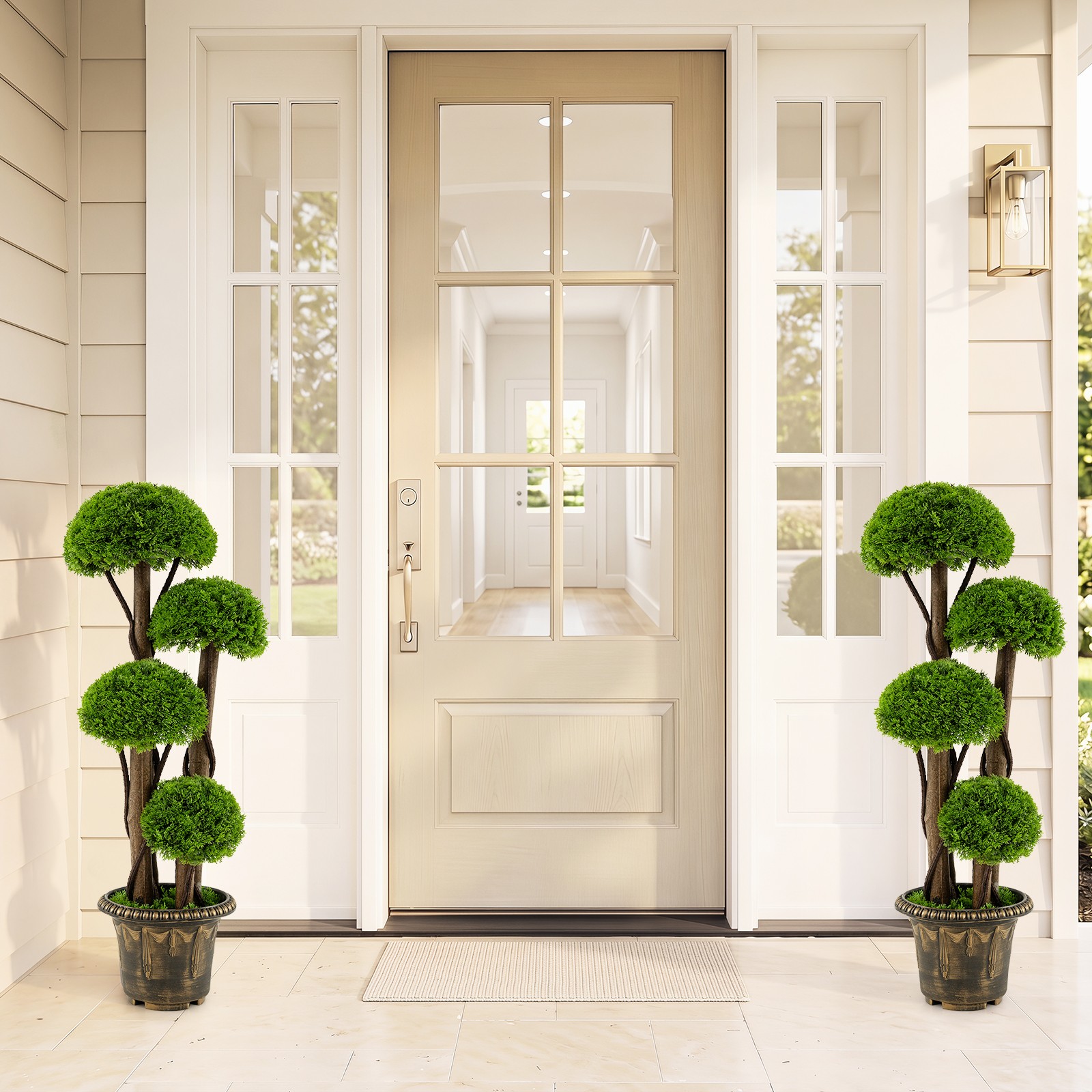 2PCS Artificial Cypress Topiary Ball Tree w/Retro Cement-filled Planter, Vines