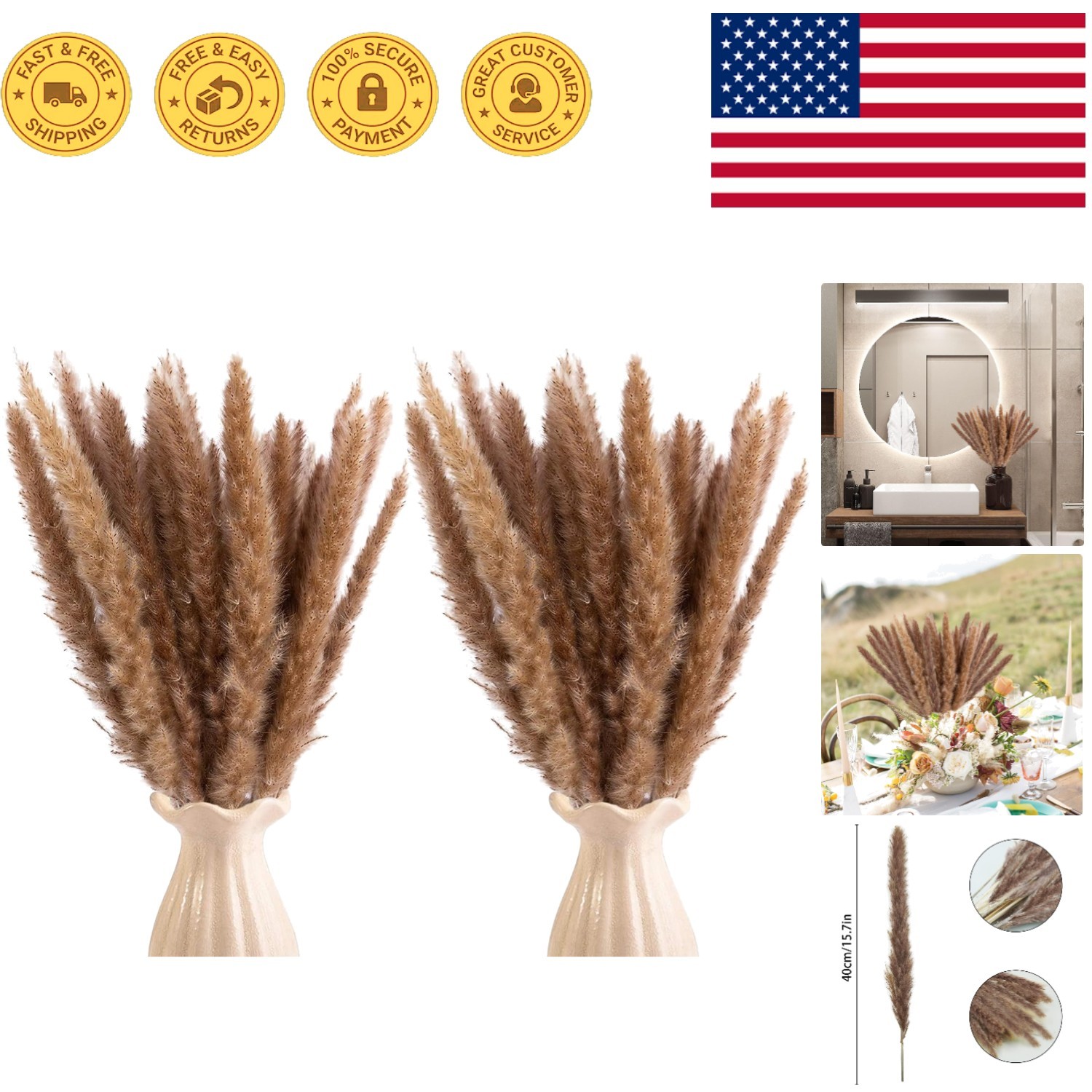 Natural 120pcs Brown Pampas Grass – Timeless Dried Flowers for Weddings & Events