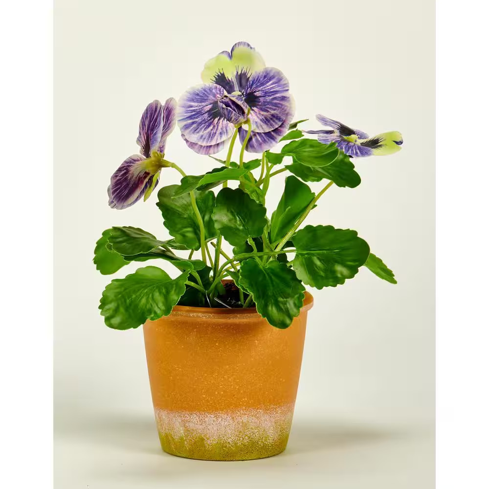 10 In. Artificial Blue Pansy and Leaves in 4 In. Pot