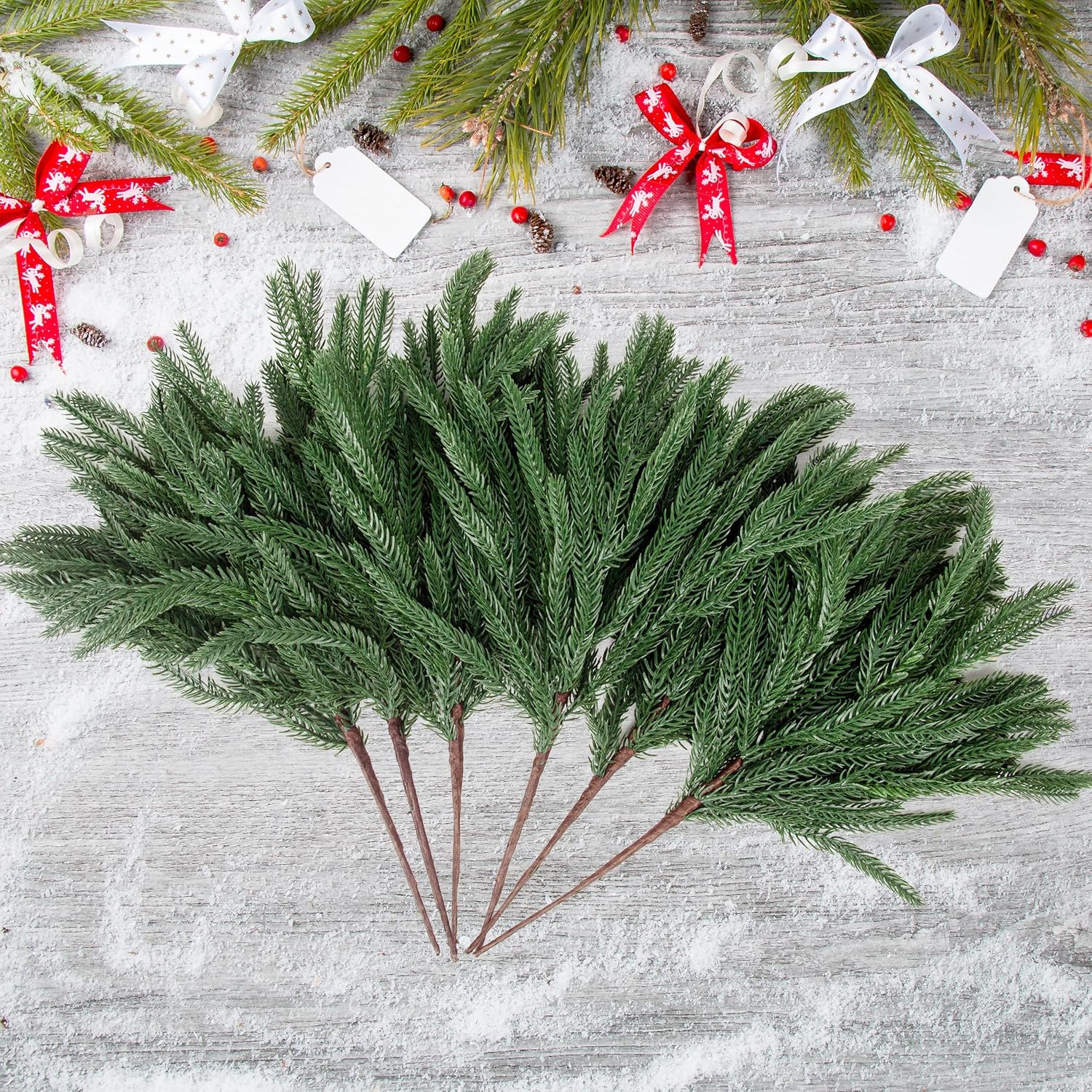 24 Pcs Artificial Norfolk Pine Branches, Faux Norfolk Pine Stems DIY Crafts Faux