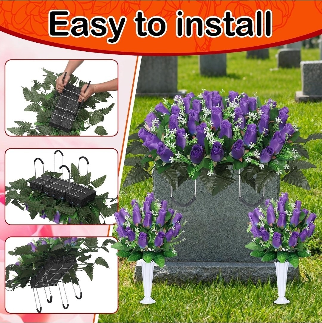 3 Sets Cemetery Flowers for Grave, Headstone Flower Saddle, Purple Rose Memorial