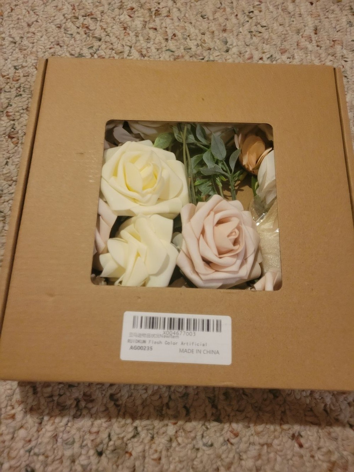 Boxed Faux Floral Arrangement in Cream & Blush with Warm Peach Accent