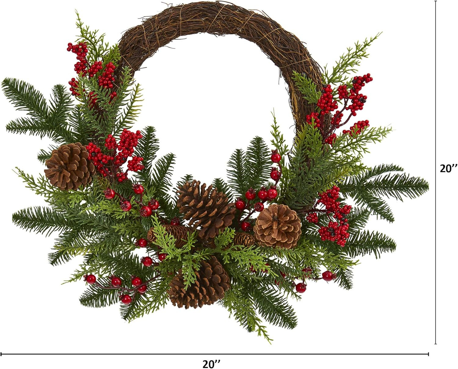 22In. Mixed Cedar with Berries and Pine Cones Artificial Wreaths, Green/Red , 3.