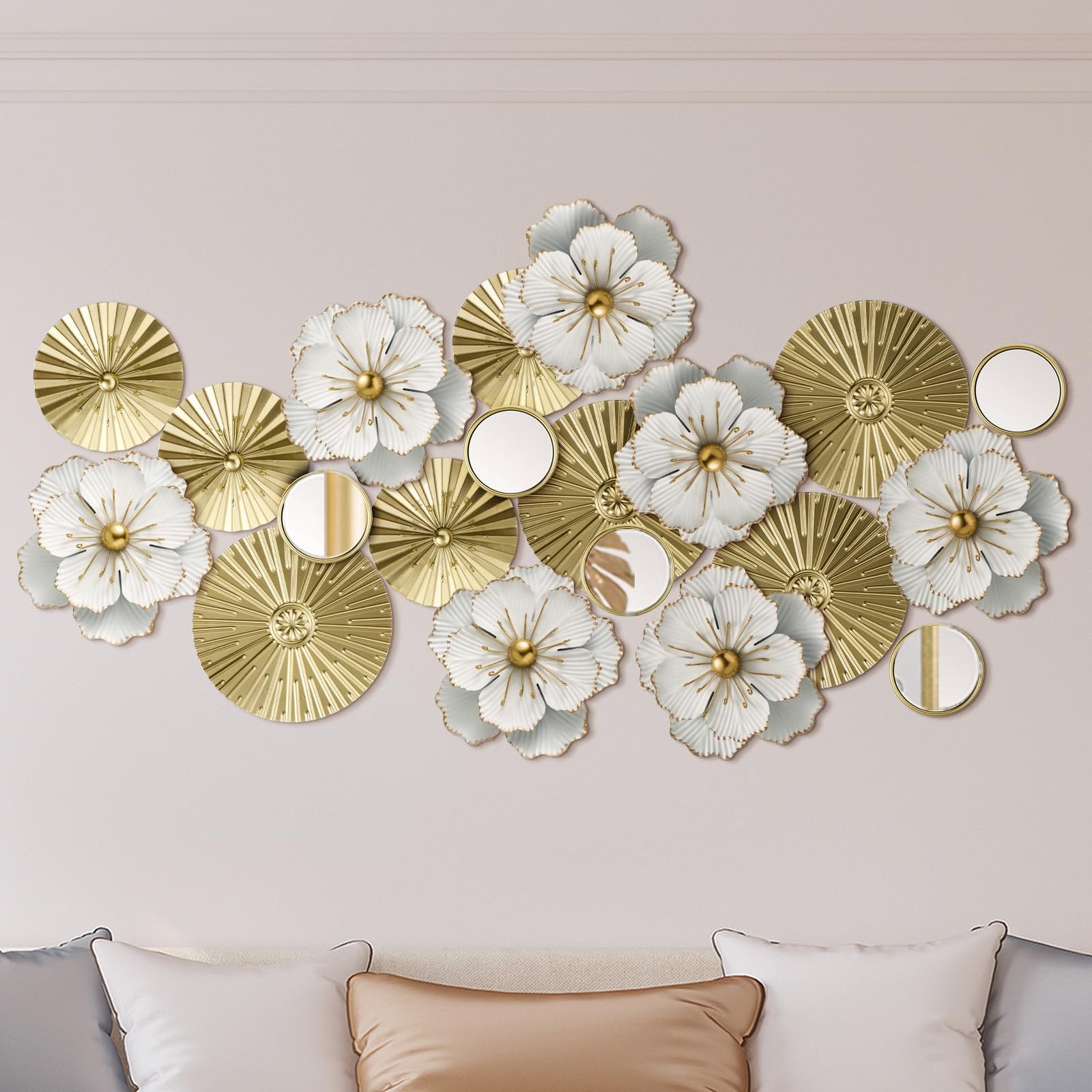 Briwooody Metal Flower Wall Decor Ivory Plates Mirror Flower, Gold