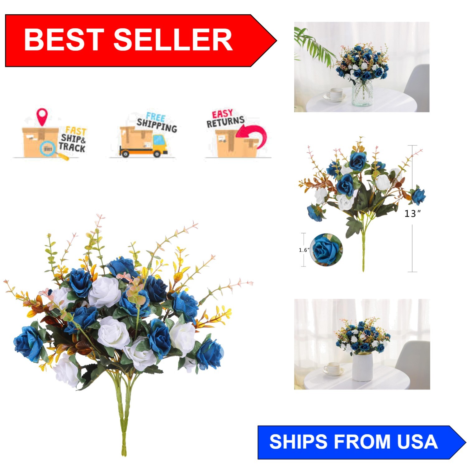 Elegant 2-Pack Silk Artificial Roses – 24 Dark Blue Flowers for Weddings & Decor