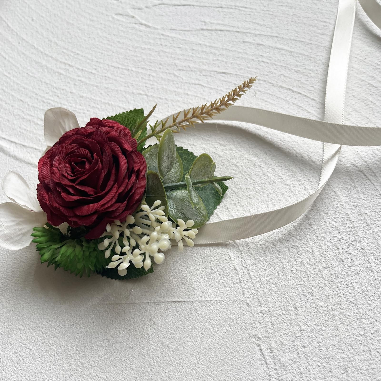 Artificial Wrist Corsage Boutonniere Set, Burgundy, 2 Pieces
