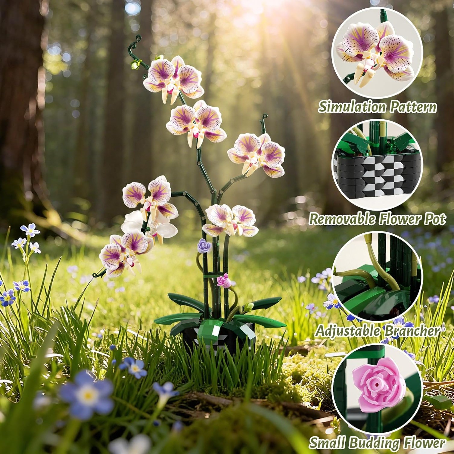 736Pcs Orchid Flower Building Sets with Vase, Artificial Flowers Building Blocks