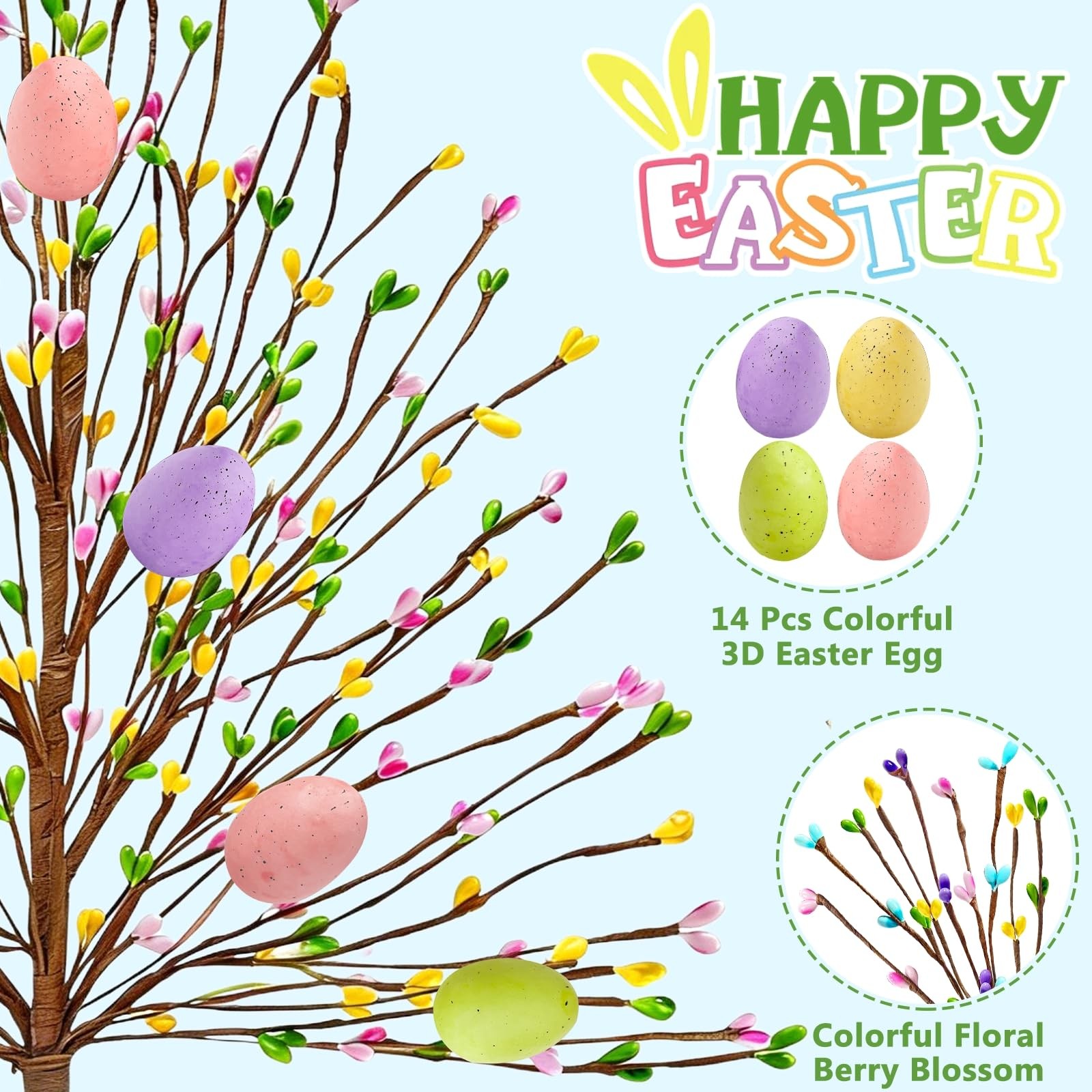 Easter Decorations 2 Pack Easter Tree with 14 Pastel Eggs Ornaments and Floral..
