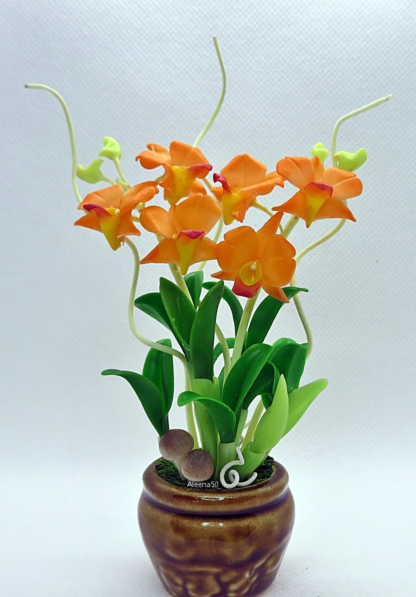 USstock 4″H Air-Dry-Clay Handmade Miniature Dendrobium Orchid Arrangement.